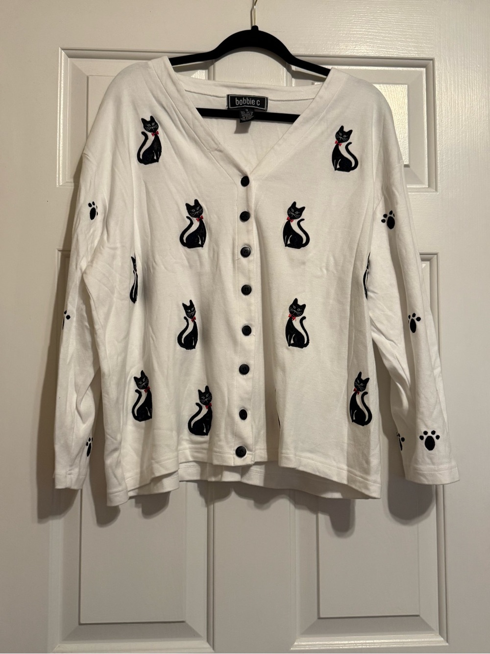 Bobbie C White Button-Up Cardigan with Black Cat Motif